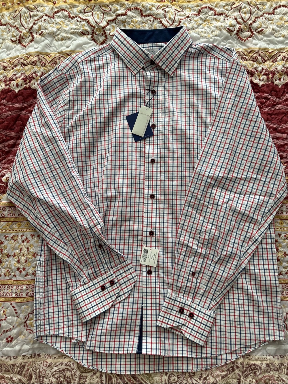 Lorenzo Uomo White Dress Shirt with Red & Blue Checks